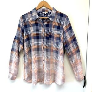 Mystree Women's Long Sleeve Ombré Button Down Top in Blue/Peach/White Pl…